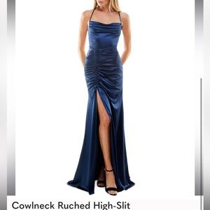 Cowlneck Ruched High-Slit
Evening Gown